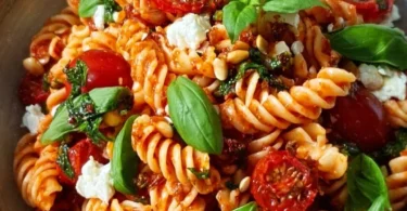 Mediterraner Nudelsalat mit frischen Zutaten und köstlichem Dressing.