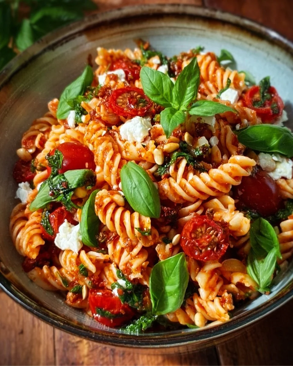 Mediterraner Nudelsalat mit frischen Zutaten und köstlichem Dressing.