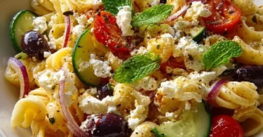 Mediterraner Nudelsalat mit frischen Zutaten und leckerem Dressing