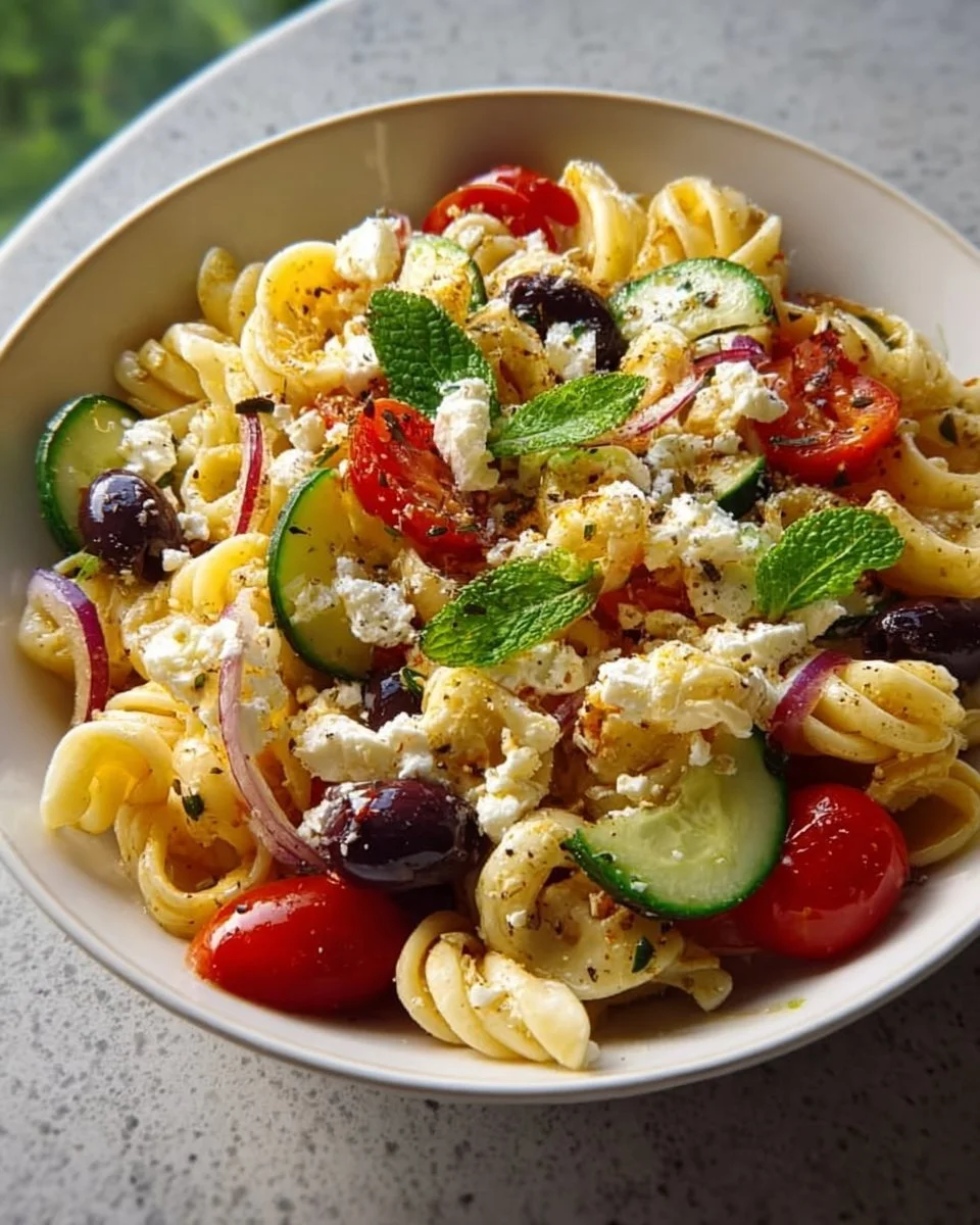Mediterraner Nudelsalat mit frischen Zutaten und leckerem Dressing