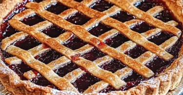 Eine frisch gebackene Linzer Torte auf einem Teller, dekoriert mit Puderzucker.