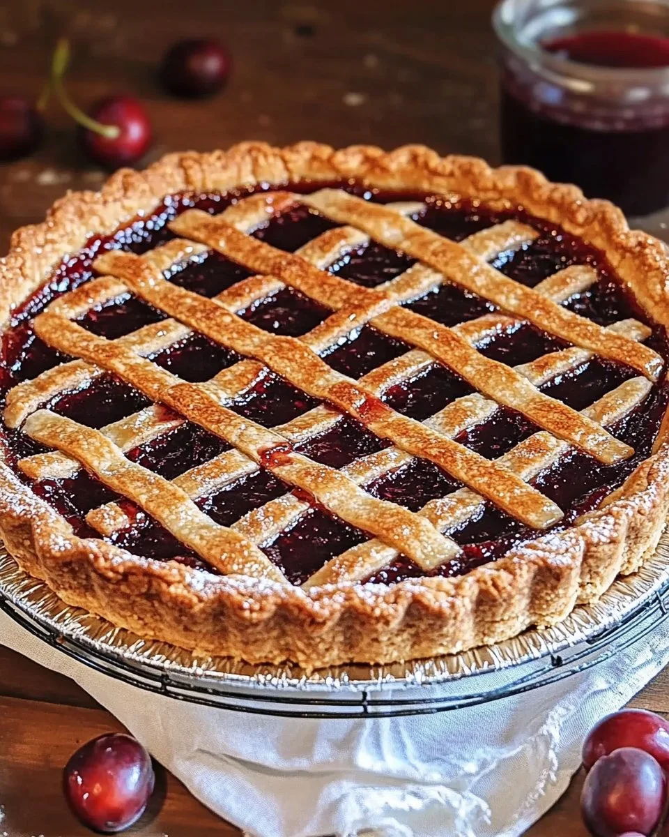 Eine frisch gebackene Linzer Torte auf einem Teller, dekoriert mit Puderzucker.