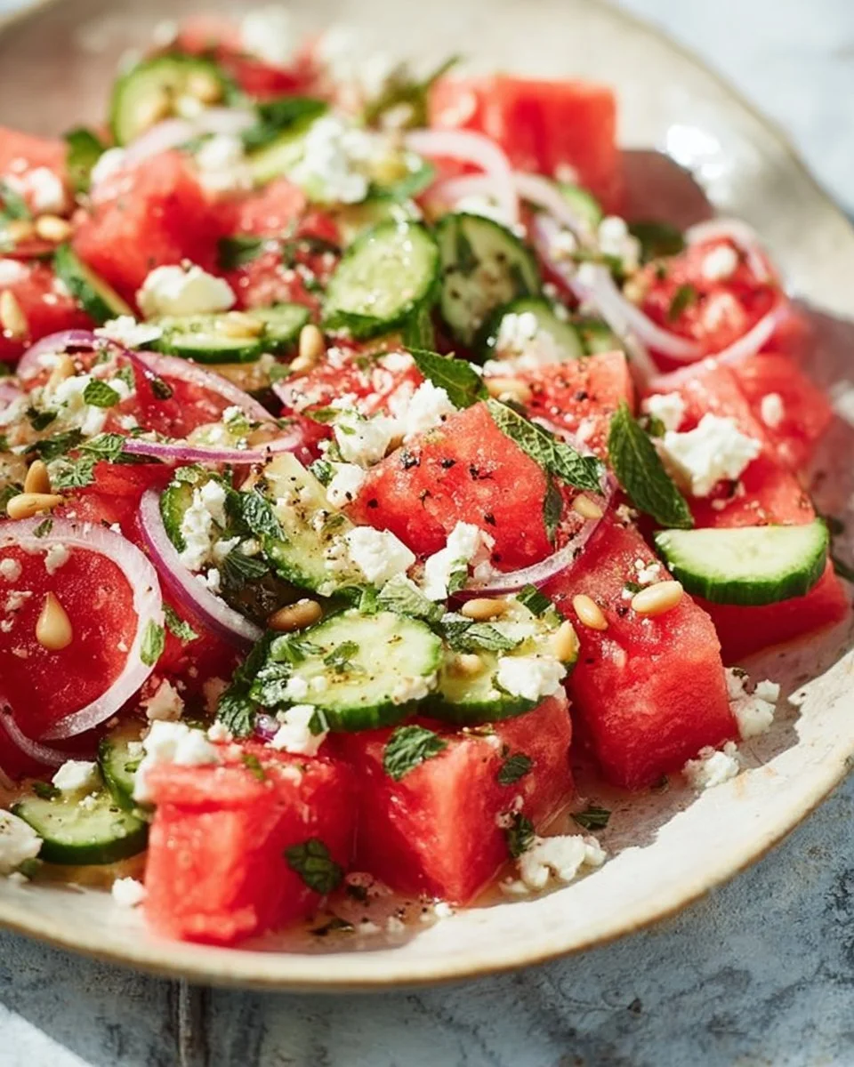 Erfrischender Melonen-Feta-Salat mit süßen Melonenstücken und Feta-Käse
