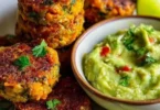 Mini Sweet Potato Patties mit Avocado-Koriander-Dip auf einem Teller