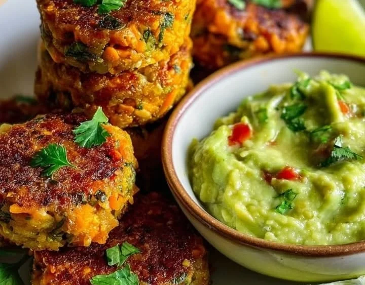 Mini Sweet Potato Red Lentil Patties with Avocado Cilantro Dip