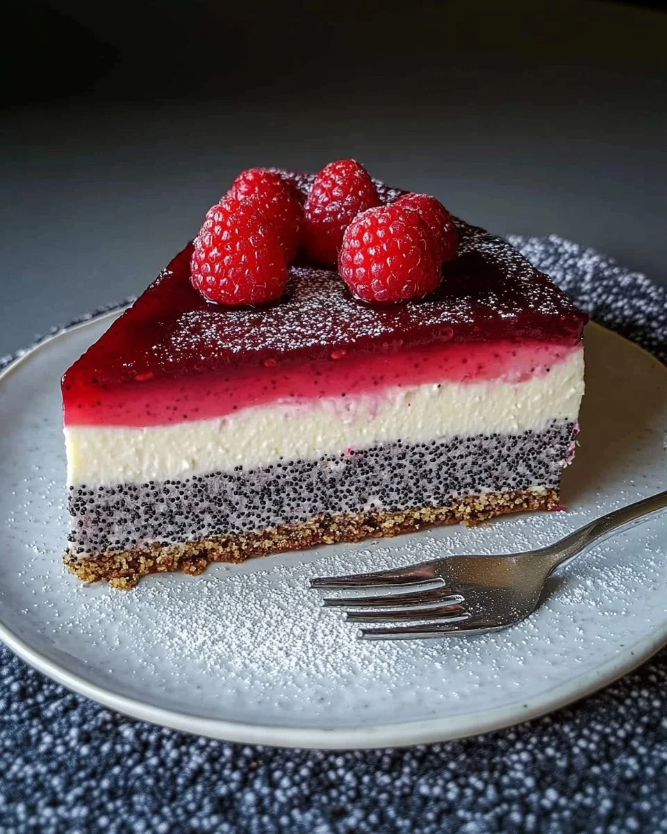 Mohn Topfentorte auf einem Teller mit einem Stück Kuchen
