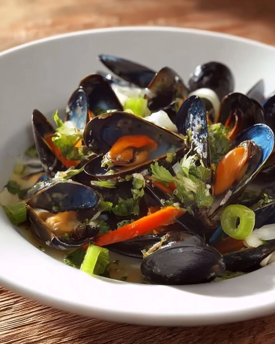 Delizioso Gericht von Muscheln in Weißwein serviert in einer Schüssel.