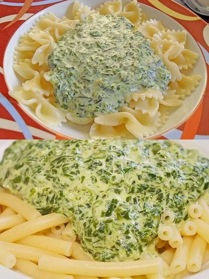 Nudeln mit Cream Spinach in cremiger Frischkäsesauce serviert