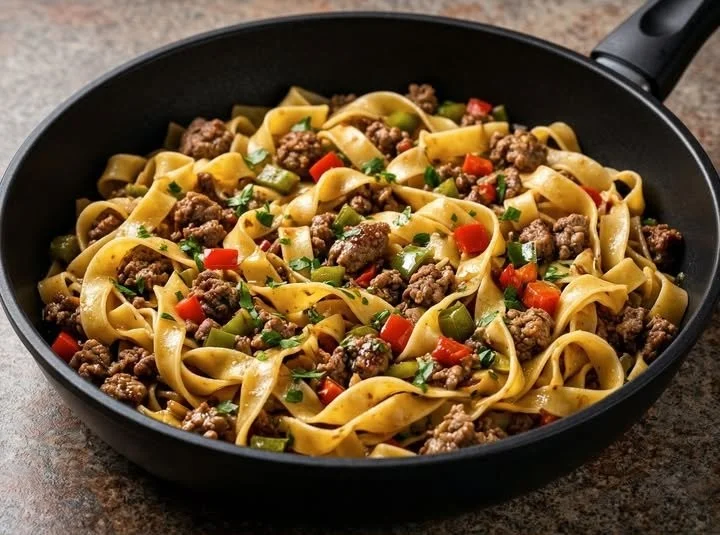 Nudel Hackfleisch Pfanne mit frischen Zutaten in einer Pfanne zubereitet