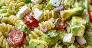 Nudelsalat mit Avocado in einer Schüssel serviert.