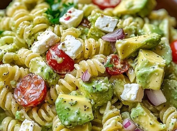 Nudelsalat mit Avocado in einer Schüssel serviert.