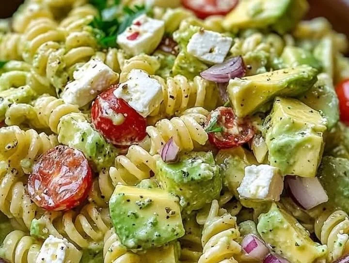 Nudelsalat mit Avocado auf einem Teller