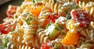 Nudelsalat mit Joghurt-Dressing in einer bunten Schüssel serviert