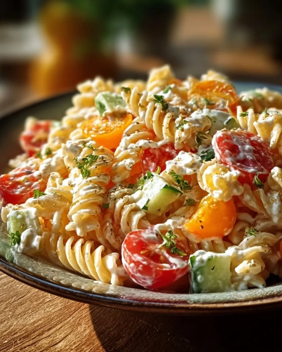 Nudelsalat mit Joghurt-Dressing in einer bunten Schüssel serviert