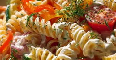 Nudelsalat mit Joghurtsoße in einer Schüssel, dekoriert mit frischen Kräutern