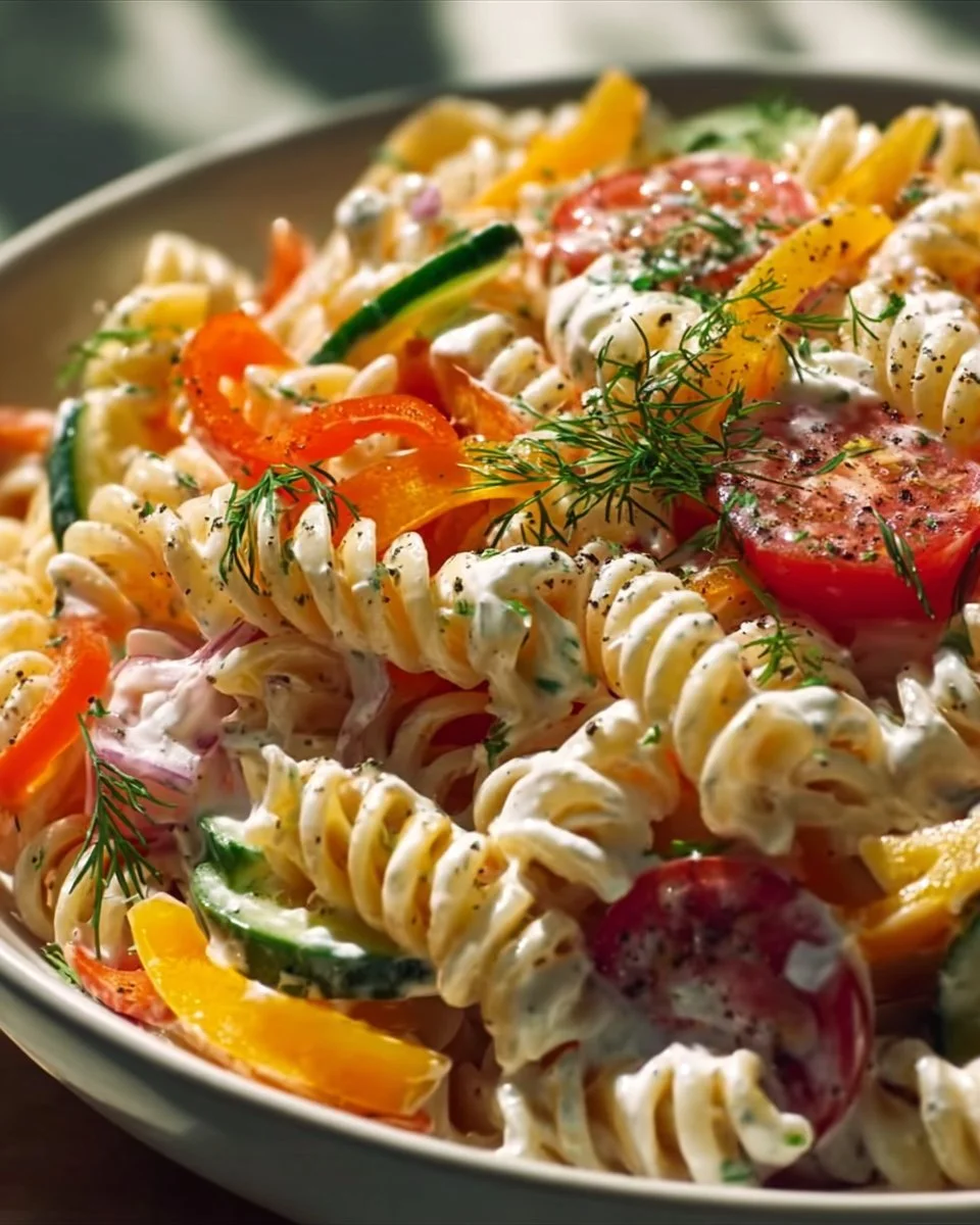 Nudelsalat mit Joghurtsoße in einer Schüssel, dekoriert mit frischen Kräutern