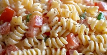 Nudelsalat mit leckerer Geheimsoße auf einem Teller ansprechend angerichtet.