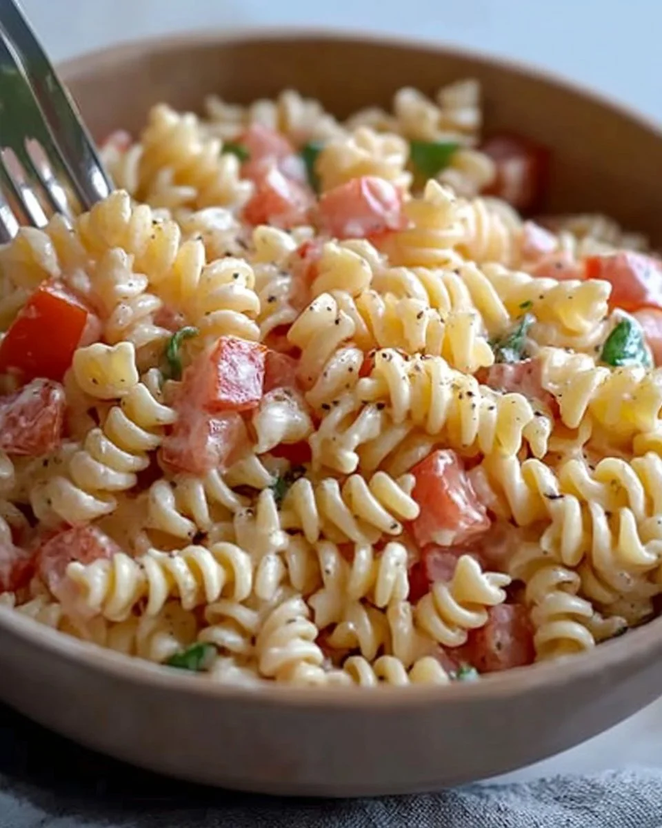 Nudelsalat mit leckerer Geheimsoße auf einem Teller ansprechend angerichtet.