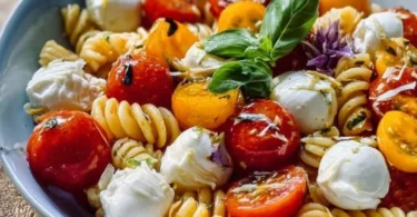 Nudelsalat mit Mozzarella und Kirschtomaten in einer bunten Schüssel serviert.