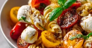 Leckerer Nudelsalat mit Mozzarella und Kirschtomaten auf einem Teller