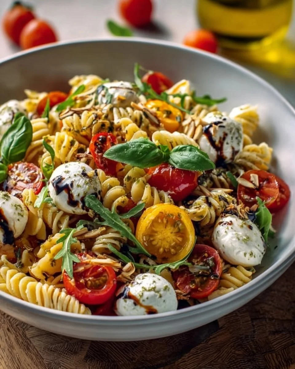 Nudelsalat mit Mozzarella und Kirschtomaten in einer Schüssel
