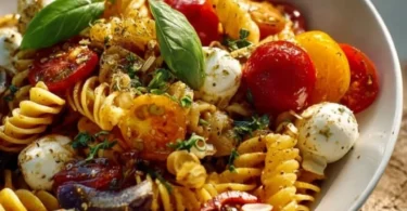 Nudelsalat mit Mozzarella und Kirschtomaten auf einem Teller serviert.