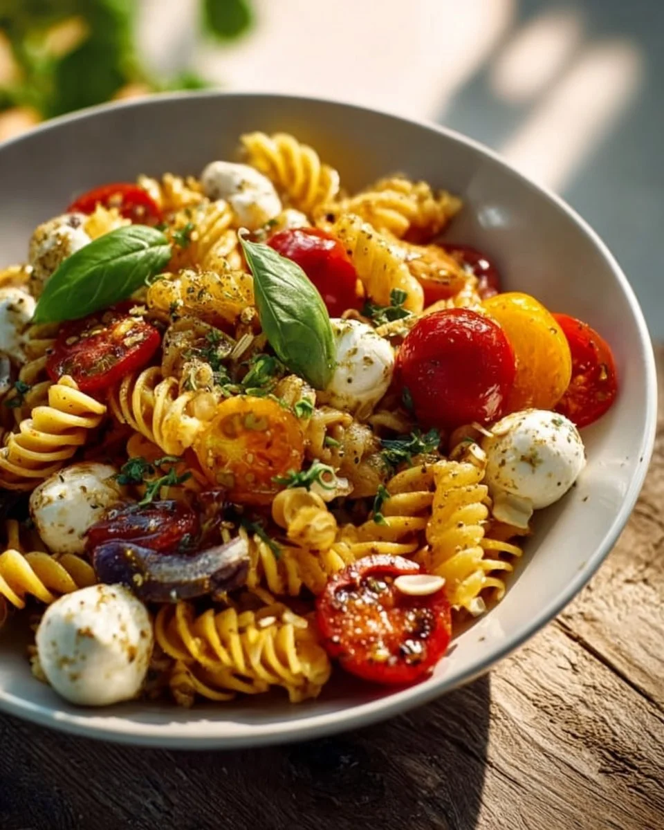 Nudelsalat mit Mozzarella und Kirschtomaten auf einem Teller serviert.