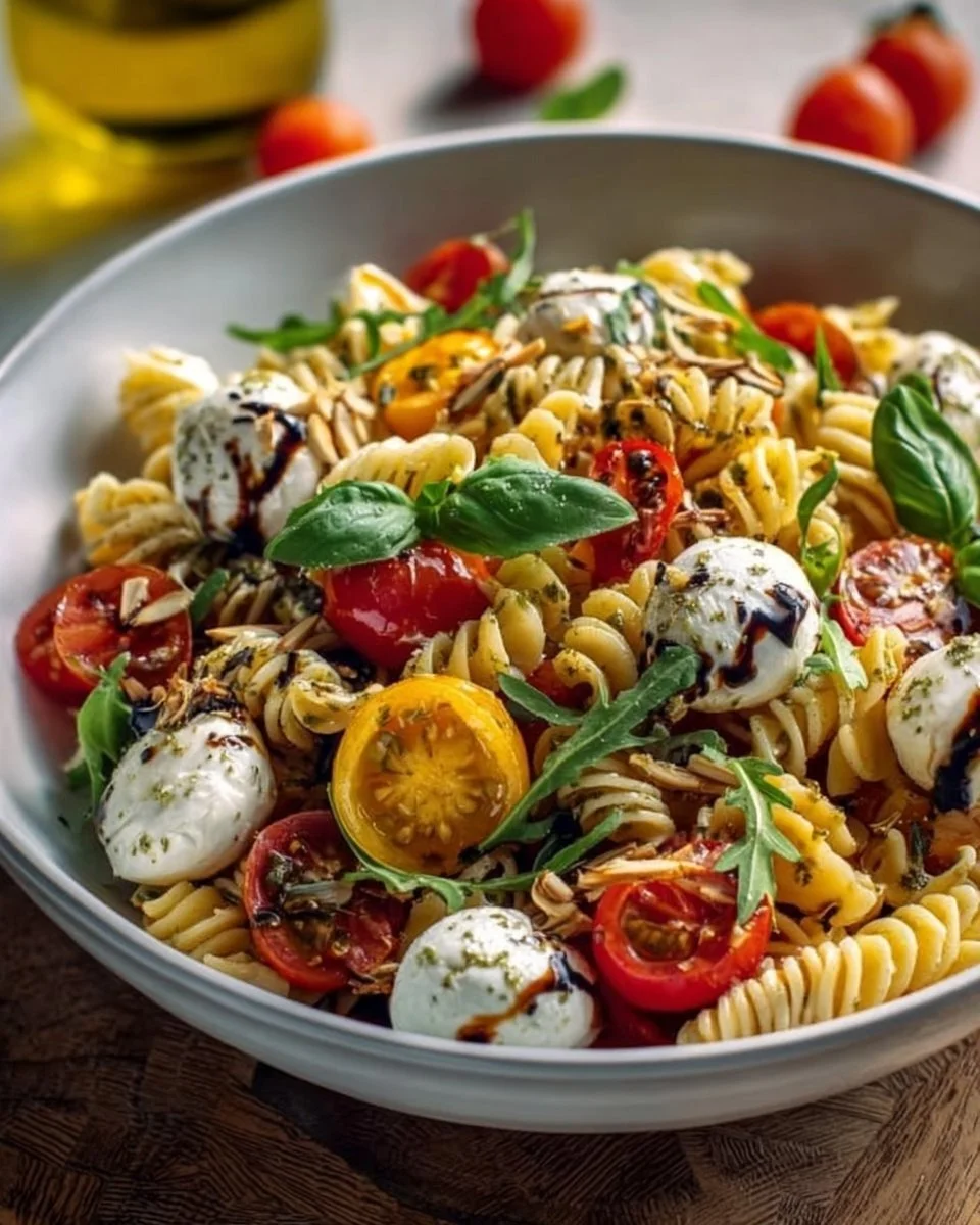 Nudelsalat mit Mozzarella und Kirschtomaten