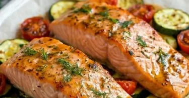 Ofenlachs mit Zucchini und Tomaten auf einem Teller serviert