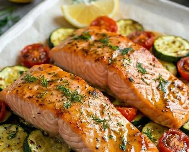 Ofenlachs mit Zucchini und Tomaten auf einem Teller serviert