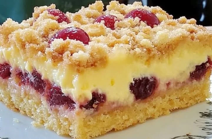 Omas bester Puddingkuchen mit Kirschen frisch aus dem Ofen