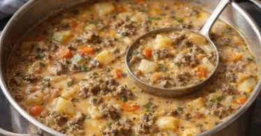 Schüssel mit Omis Hackfleischsuppe auf einem Holzuntergrund