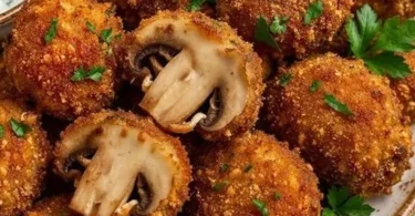 Knusprig panierte Champignons auf einem Teller angerichtet