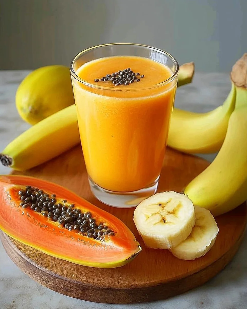 Köstlicher Papaya-Bananen-Smoothie in einem Glas mit frischen Früchten