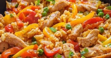 Paprika Reispfanne mit Hähnchen auf einem Teller angerichtet