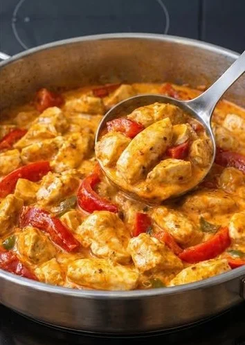 Köstliches Gericht Paprika-Sahne-Hähnchen mit Paprika und Sahne