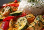 Paprika-Zucchini-Hähnchen in cremiger Sahnesauce auf einem Teller serviert.