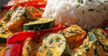 Paprika-Zucchini-Hähnchen in cremiger Sahnesauce auf einem Teller serviert.