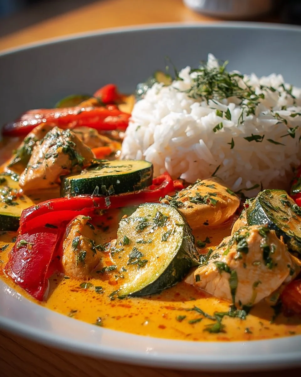 Paprika-Zucchini-Hähnchen in cremiger Sahnesauce auf einem Teller serviert.
