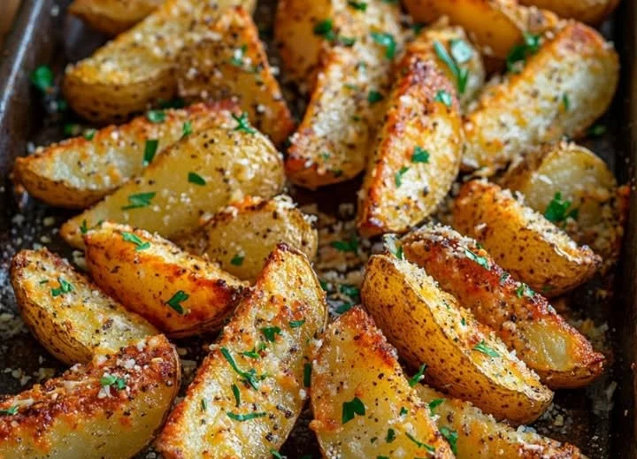 Köstliche Parmesan-Kartoffeln aus dem Ofen, goldbraun und perfekt gewürzt.