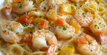 Pasta mit Shrimp-Creme-Sauce auf einem Teller serviert
