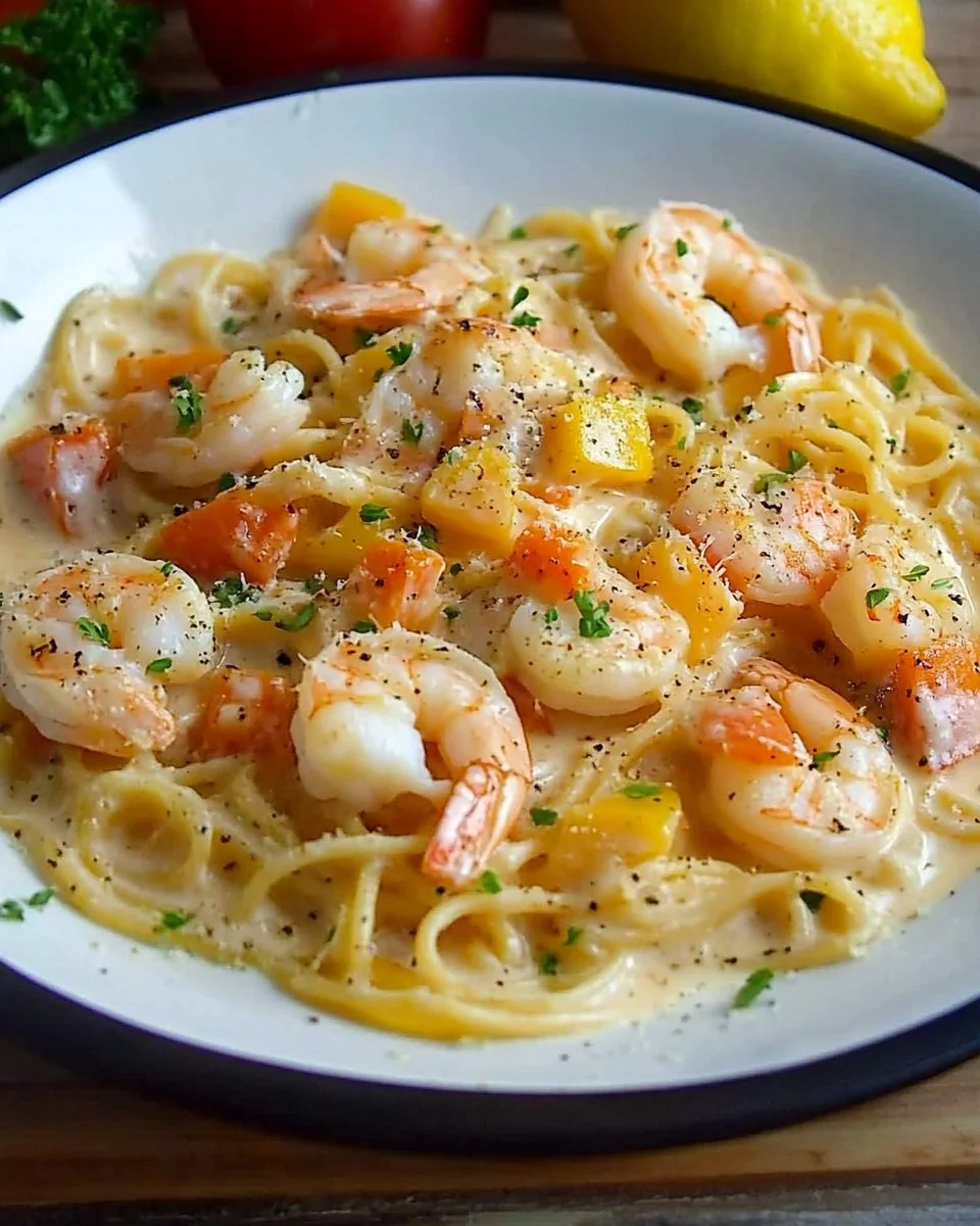 Pasta mit Shrimp-Creme-Sauce auf einem Teller serviert
