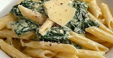 Penne mit Spinach-Gorgonzola-Sauce auf einem Teller serviert