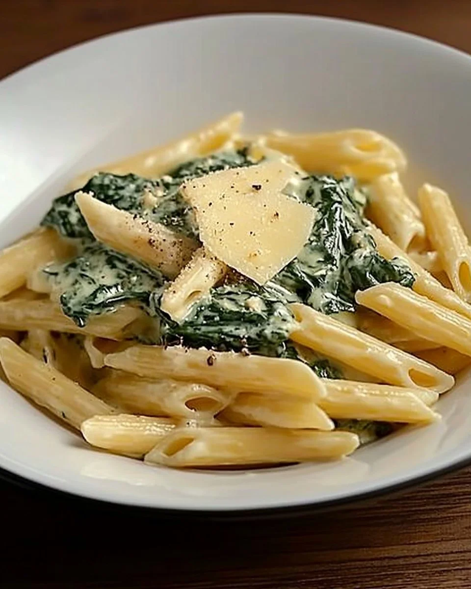 Penne mit Spinach-Gorgonzola-Sauce auf einem Teller serviert