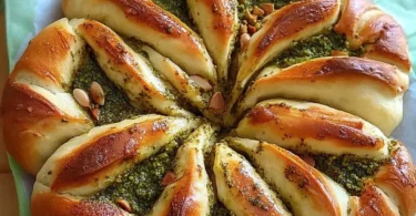Einfaches und aromatisches Pesto Brot auf einem Holzbrett.