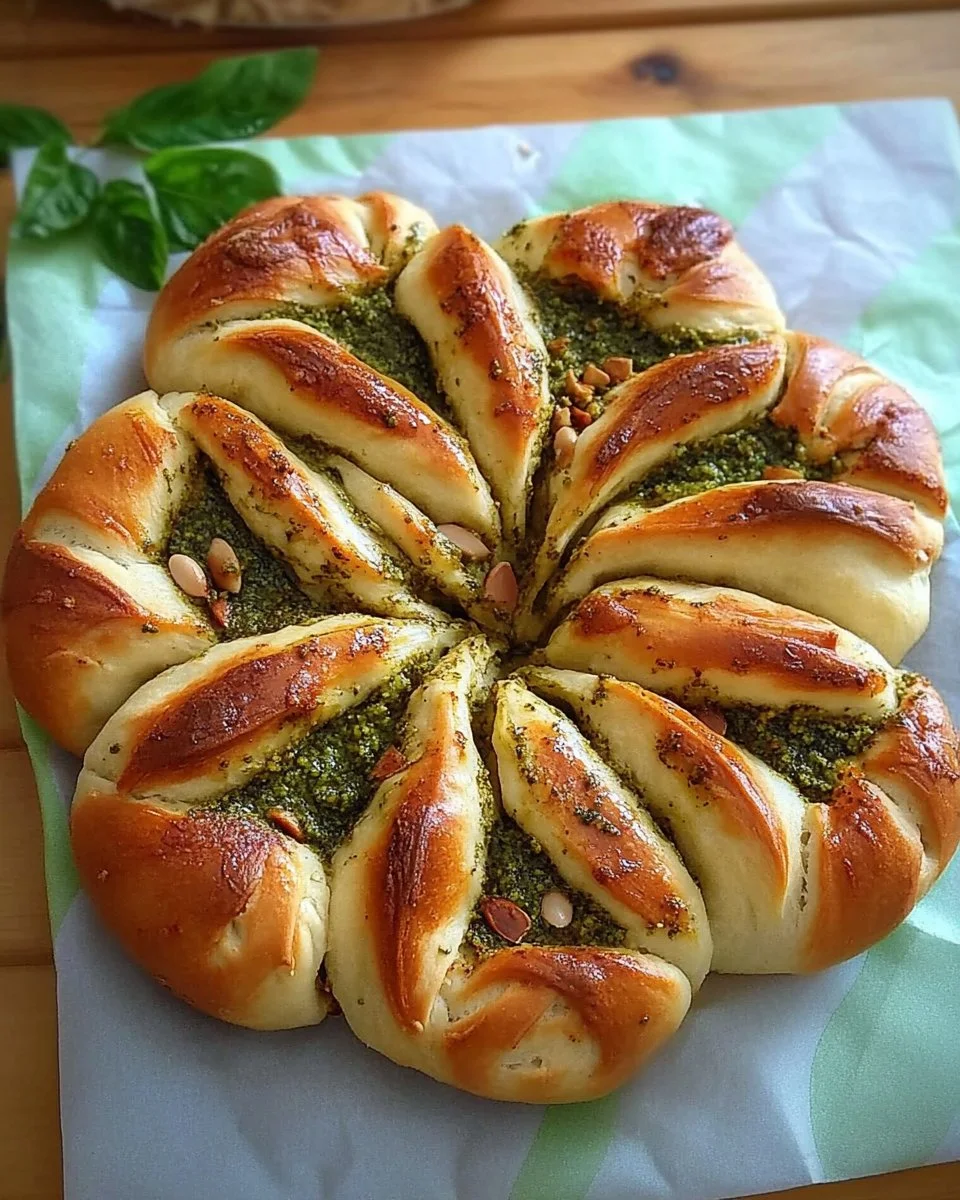 Einfaches und aromatisches Pesto Brot auf einem Holzbrett.