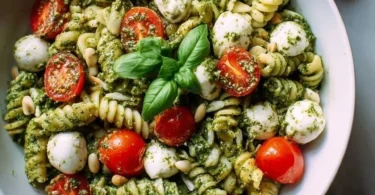 Pesto Nudelsalat mit frischen Kirschtomaten und aromatischem Pesto