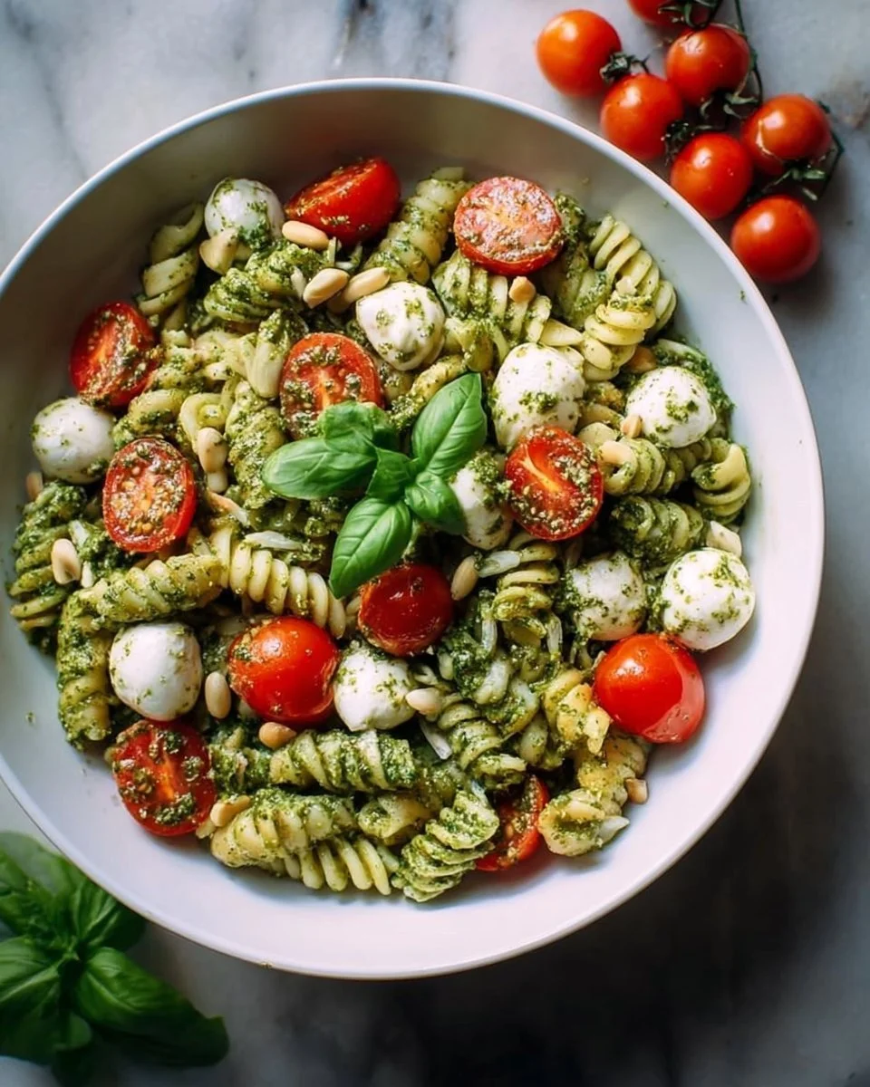 Pesto Nudelsalat mit frischen Kirschtomaten und aromatischem Pesto