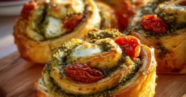 Leckere Pesto-Schnecken mit Tomaten und Mozzarella auf einem Teller serviert.