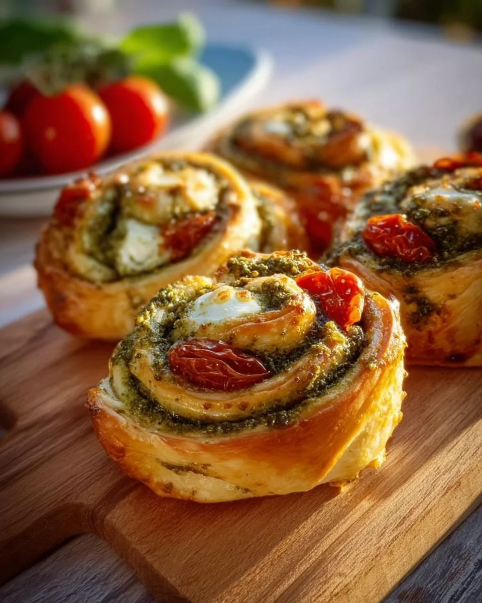 Leckere Pesto-Schnecken mit Tomaten und Mozzarella auf einem Teller serviert.